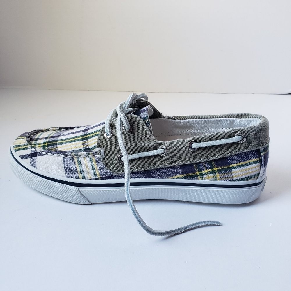 SPERRY TOP-SIDER Bahama 2 tone Green Yellow Blue Plaid Boat Shoes Yourh Size 3 M